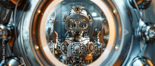 Handcrafted depiction of a cartoon steam punk robot, wearing skintight gear, reflected in a beautiful glass mirror with abstract science fiction designs,  photo