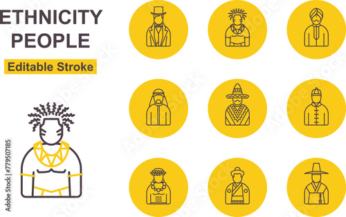 Various Types Of Ethnic People Thin Line Art Icon Set. Editable Stroke. Icon Includes Such As: European, African, Indian, Middle Eastern, Mexican, Chinese, Hawaiian, Japanese, Korean.