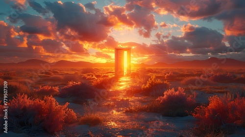Fantasy magical open door in the meadow at sunset to mystical concept Background AI Generated