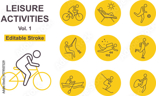 Leisure Activities With People Thin Line Art Icon Set - Vol.1. Editable Stroke. Icon Includes Such As: Cycling, Sunbathing, Footballing, Fishing, Diving, Roller Skating, Canoeing, Skiing.