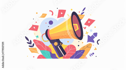 Marketing communication, promotion campaign concept. Loudspeaker and creative advertising. Bullhorn, megaphone announcing news, messages. Flat vector illustration isolated on white background