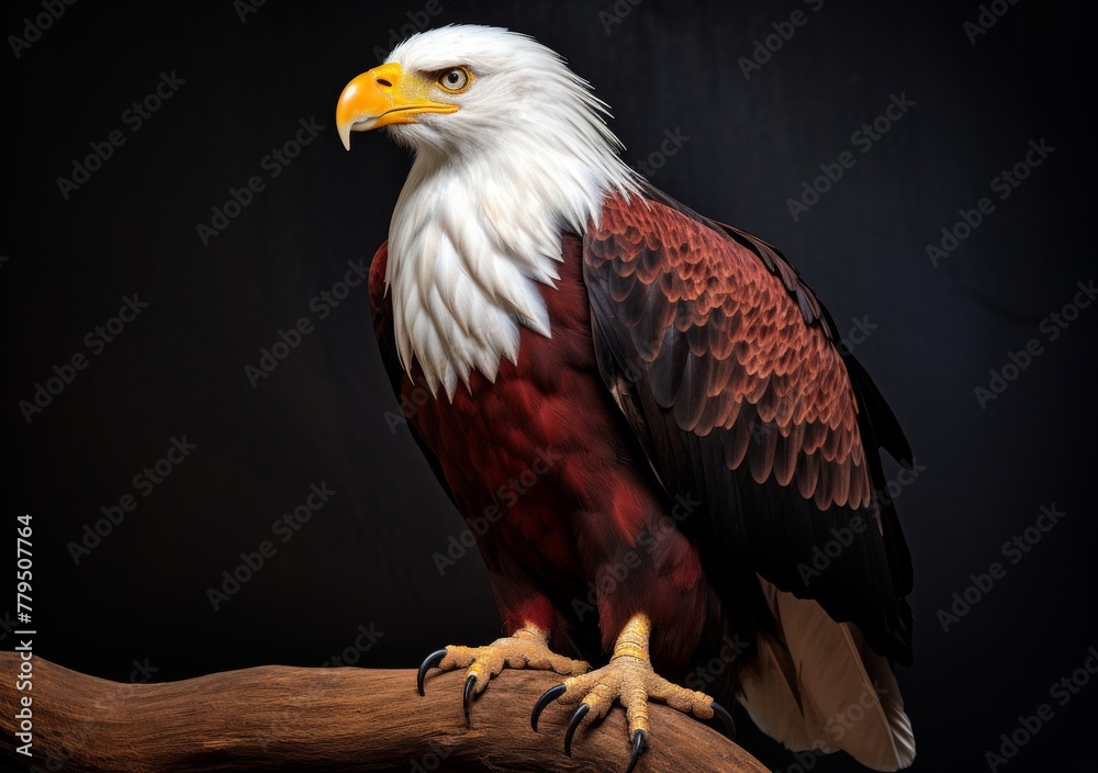 Obraz premium A powerful portrait of a bald eagle, showcasing its fierce gaze with a backdrop of richly colored plumage in a gradient of reds