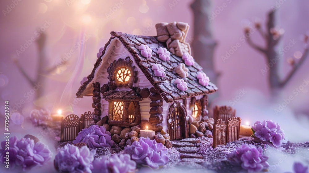Whimsical smore house, complete with marshmallow fencing and chocolate tiles, set on a soft lavender mist background, dreamy scene