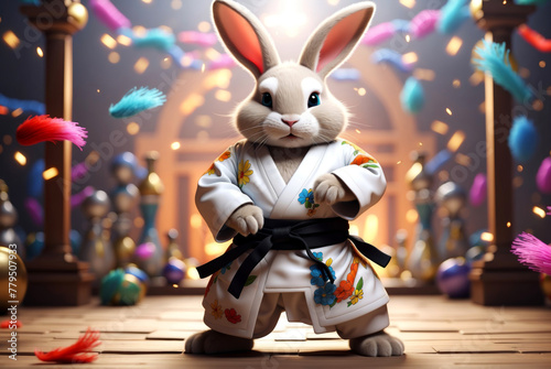 A easter bunny in a karate suit in a fighting position