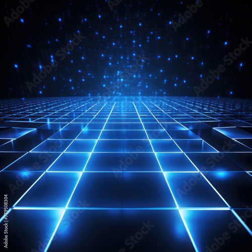 blue light grid on dark background central perspective, futuristic retro style with copy space for design text photo backdrop