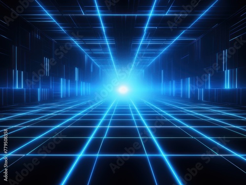 blue light grid on dark background central perspective, futuristic retro style with copy space for design text photo backdrop
