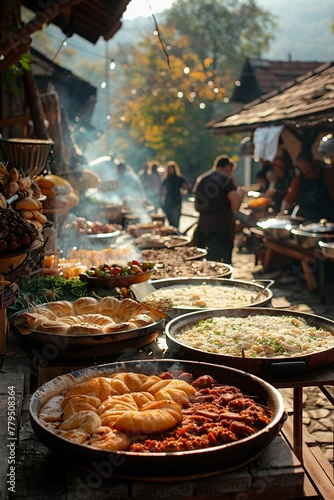 An urban Kenyan street food setting, featuring stalls serving steaming ugali, freshly grilled nyama choma, and sukuma wiki, photo
