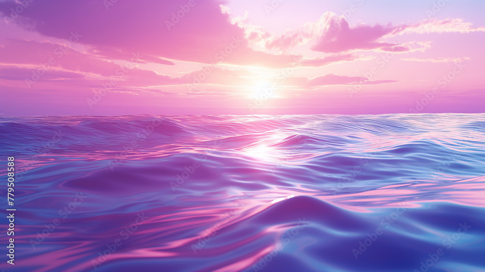 A beautiful ocean with a pink and purple sky