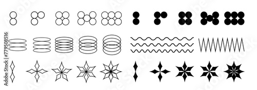 Set of retro graphic shapes  lines  geometric forms  dots  tribal stickers  y2k symbols  vector black badges.