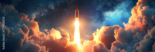 A space launch with flames and plumes of smoke propelling a rocket into the heavens,Spaceship flightSpace shuttle launch in the clouds to outer space Dark space with stars on background 