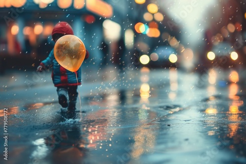 A small child braves the rain while clutching a brightly colored balloon. photo