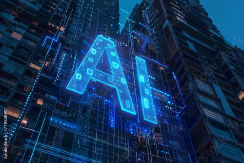 Concept of how AI can transform a business, AI text on office building