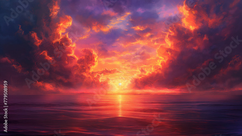 A painting of a sunset with a large orange cloud in the sky