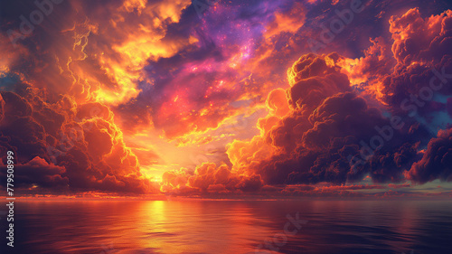 A beautiful sunset over the ocean with a few clouds in the sky © CtrlN