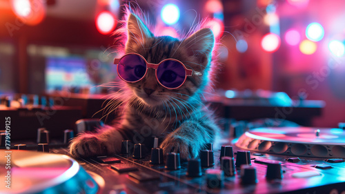 A cat wearing sunglasses is sitting on a DJ console