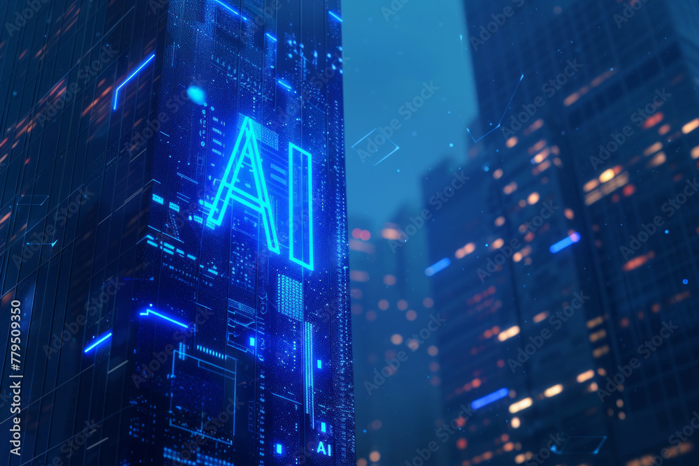 Concept of how AI can transform a business, AI text on office building