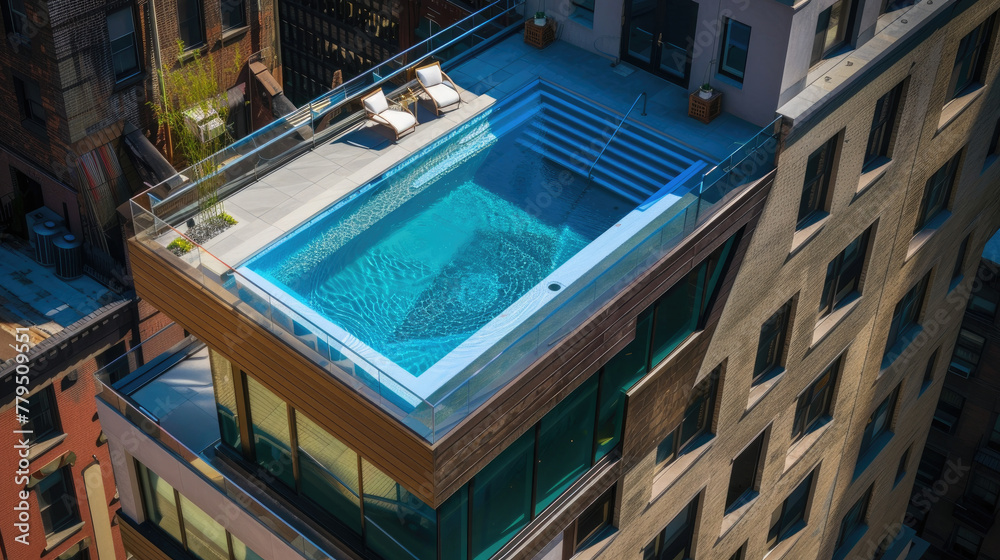 A pool is on top of a building