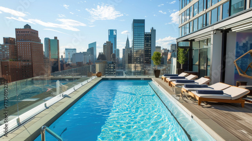 A pool with a view of the city skyline