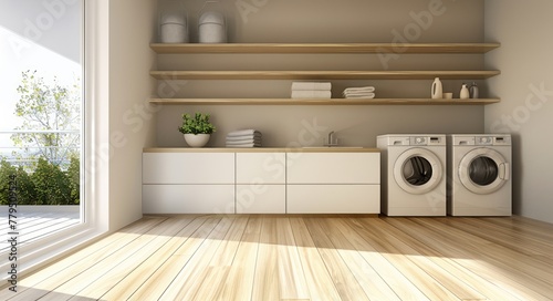 Modern Clean Laundry Room Interior Design with Washing Machine, Dryer, and Storage Shelves in Wooden Cabinets and Flooring