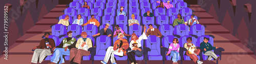 Different groups of friends watching movie front view. People sit on seats in cinema. Happy kids watch film's premiere, eat popcorn. Spectators looking on theatre show. Flat vector illustration © Paper Trident