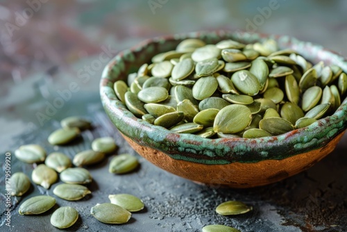 Organic Raw Green Pumpkin Seed Pepitas in a Delicious Diet Bowl on a Fiber-Rich Agriculture Background (AR 3:2) photo