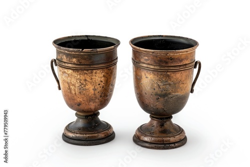 Pair of Rustic Ancient Wine Cups on Isolated Black Background - Vintage Liqueur Glasses with Copper Patina
