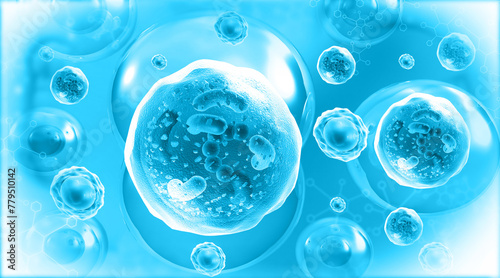 Human cells on blue color background. 3d illustration..