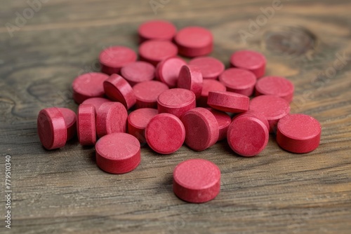 Red Film Coated Tablets of Multi Vitamins and Minerals with Anti-Stress Formula on Wooden Background