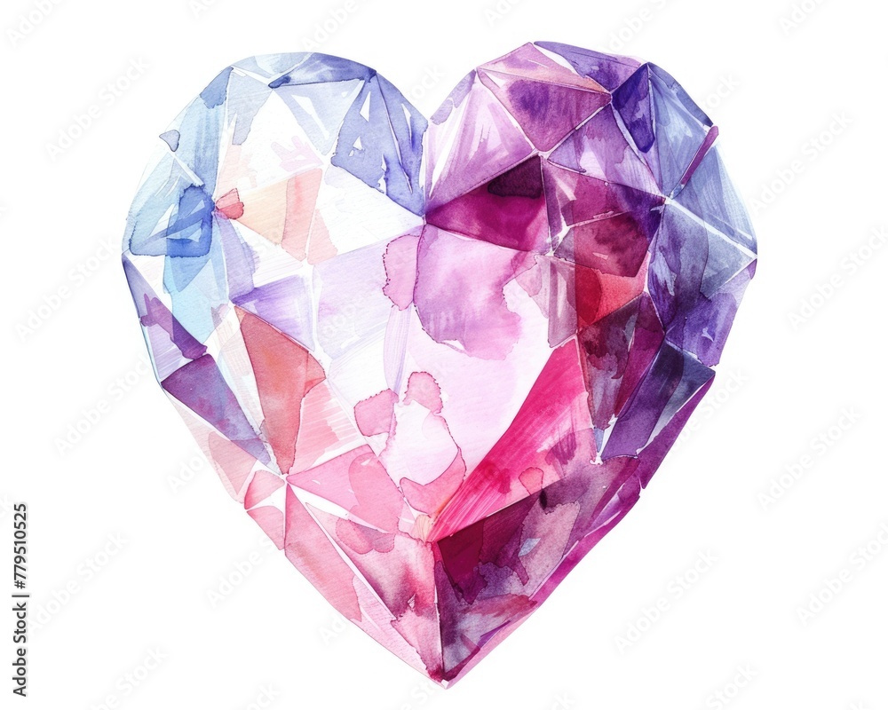 Romantic Watercolor Crystal Heart. Abstract Illustration of Isolated Polygon Crystal Heart for Magic Decoration and Art Design