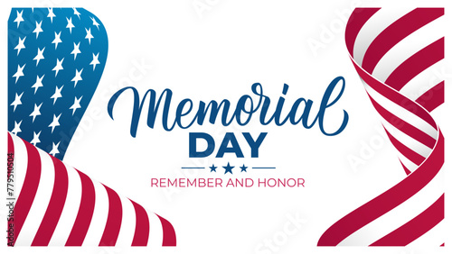 US Memorial Day holiday banner. Hand lettering. Waving American Flag. United States national holiday background. Vector illustration.