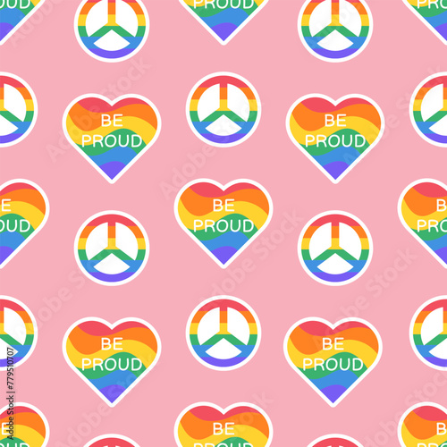 Seamless pattern for Pride Month. Symbol of the LGBT community. LGBT pride rainbow elements and stickers. Rainbow flag LGBT. Human rights and tolerance concept. Vector illustration.