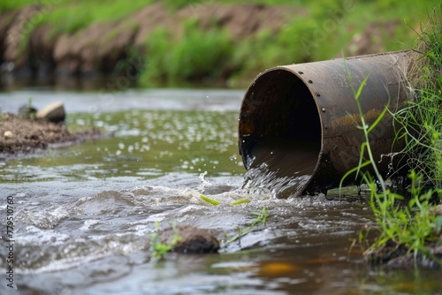 Sewage Pipe Contaminate River Water - Wastewater, Environment Damage and Contamination Concept