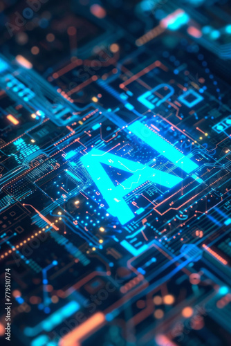 A glowing AI text on a motherboard