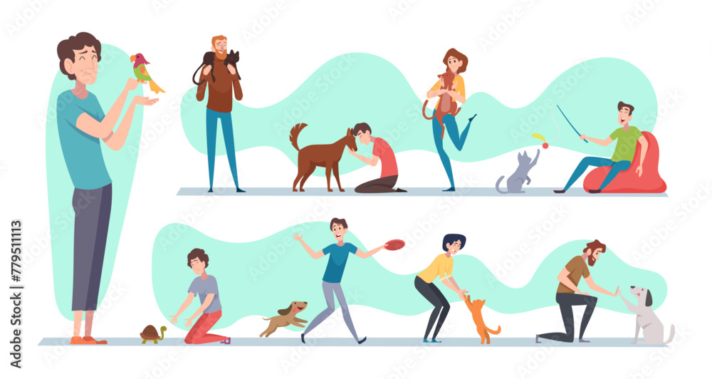 Domestic pets. Animals owners playing and hugging exact vector illustrations set - obrazy, fototapety, plakaty 