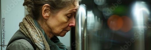 An elderly woman stands by her refrigerator, attentively inspecting its contents. photo