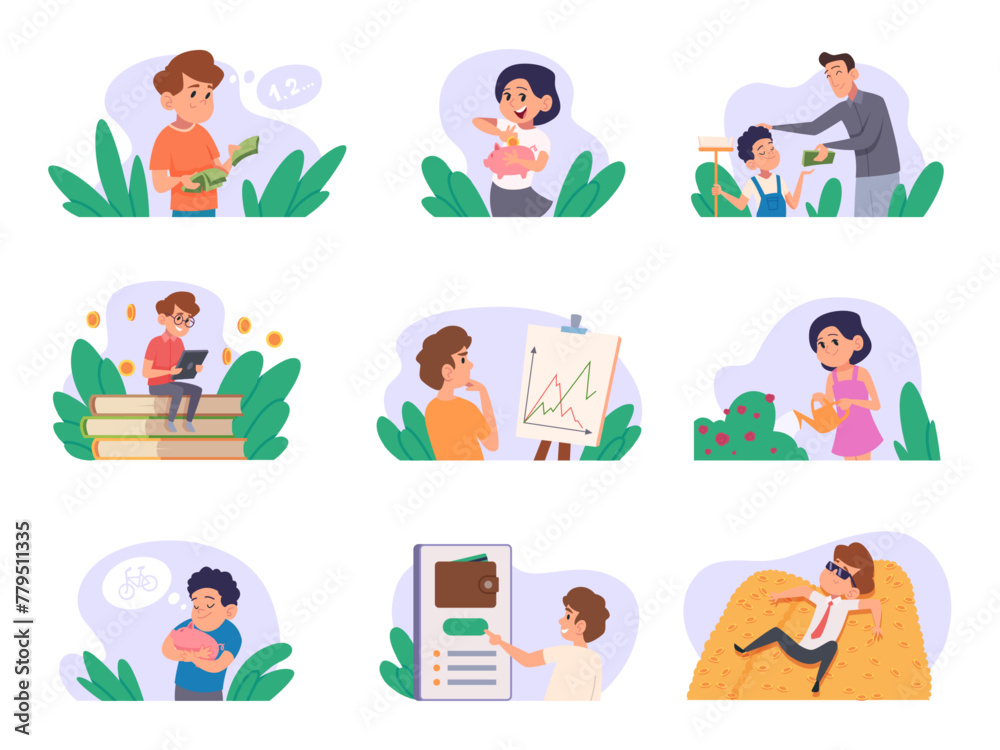 Financial for kids. Children education skills about save money exact vector pictures set in cartoon style Financial for kids. Children education skills about save money exact vector pictures set in cartoon style