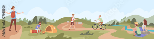 Relax time. Outdoor happy people spend good time in grass or lying in hammocks exact vector cartoon background