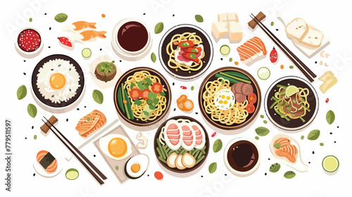 Top view composition of various Asian food in bowl Fl