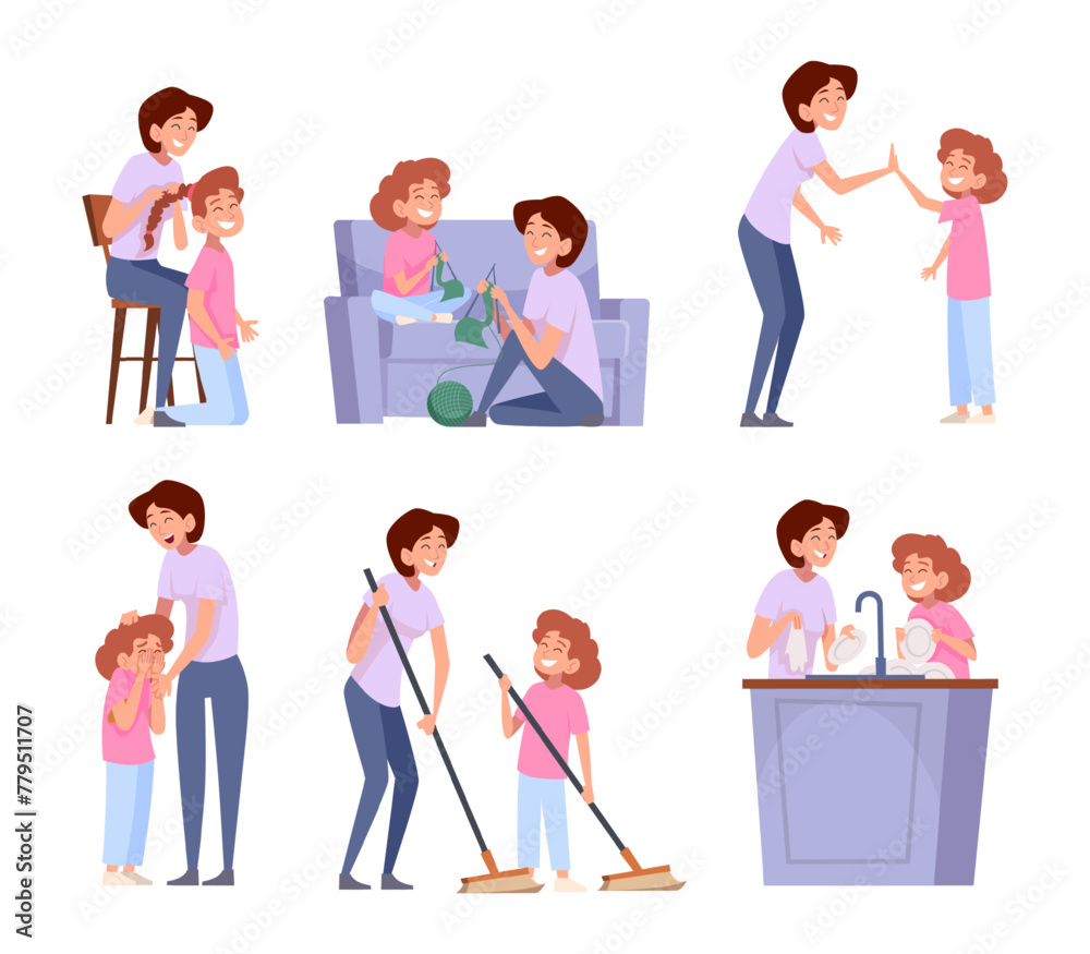Mother and daughter. Happy kids with parent mother hugging daughter making homework together love and unity in family exact vector illustration people Mother and daughter. Happy kids with parent mother hugging daughter making homework together love and unity in family exact vector illustration people