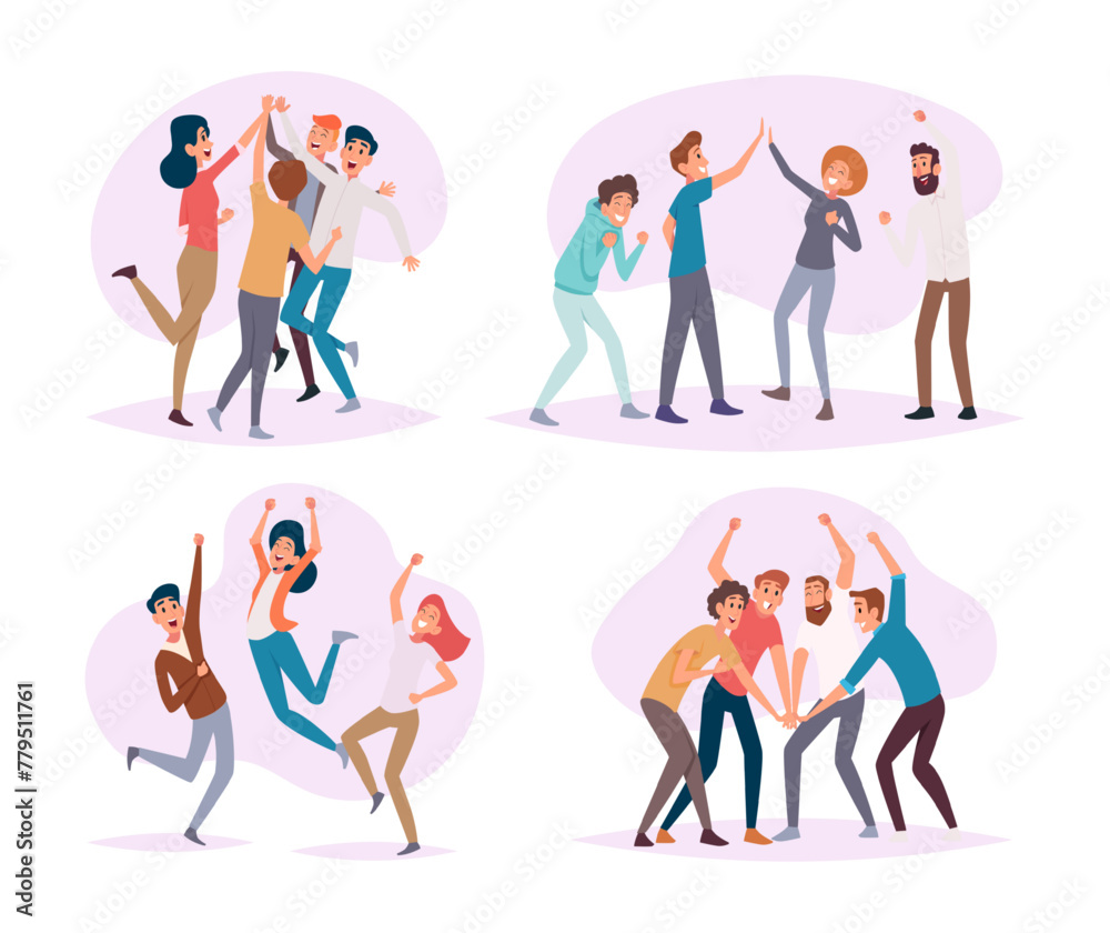 Fototapeta premium Business collaboration. Happy working group of businessmen exact vector team of managers celebrate victory