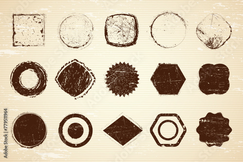 Grunge stamps. Scratched textured geometrical badges ink backgrounds recent vector message boxes with place for text