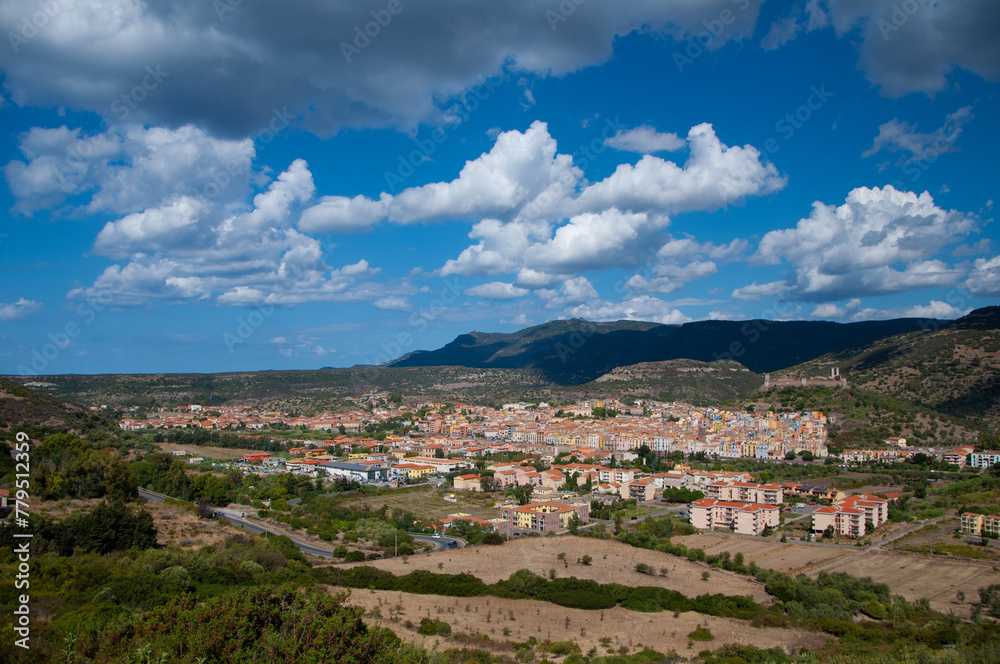 Aerial view of Bosa with mountains in the background. Oristano, Sardinia, Italy