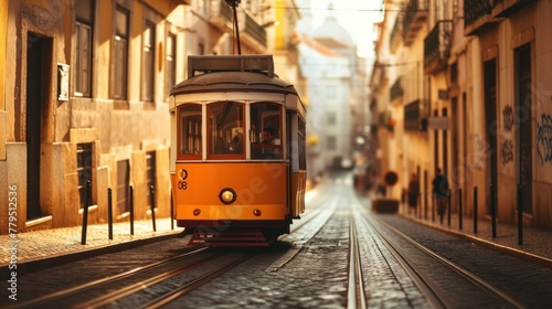 Romantic Lisbon street with the typical yellow tram and Lisbon Cathedral on the background