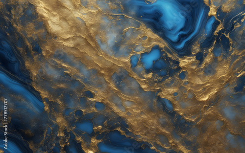 Abstract blue marble texture with gold splashes  blue luxury background