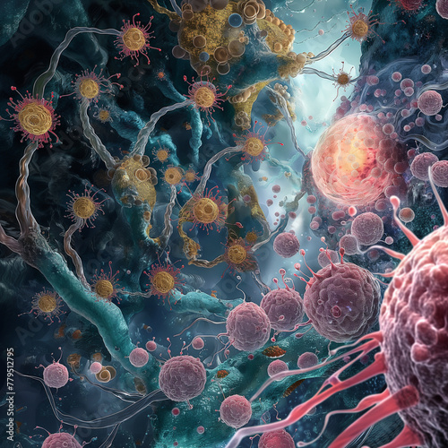 A colorful image of a virus and bacteria with a pink blob in the middle