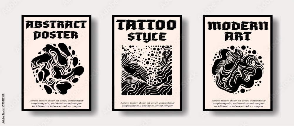 Set of poster templates with modern surrealistic designs of fluid blobs and lines.