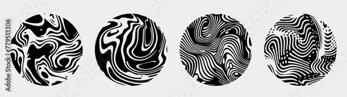 Set of black and white circles with wavy surreal texture. Futuristic abstract shapes for logotype design.