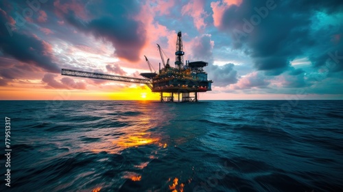 Rigs offshore Oil refinery at sunset