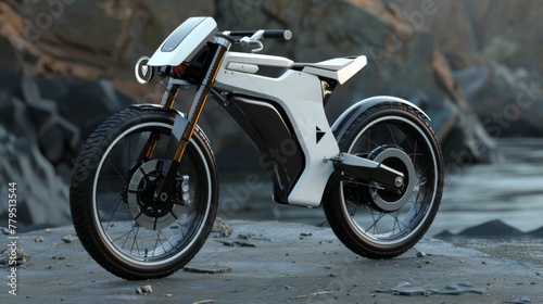 Electric Motorcycle Parked on Rocky Beach photo