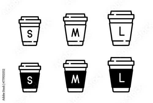 Hot drink cup size icon set. S, M, L size coffee. Take away vector illustration. Cafes menu signs isolated. Cup symbol for your web site design, logo, app, UI, bar menu, business and advertising.